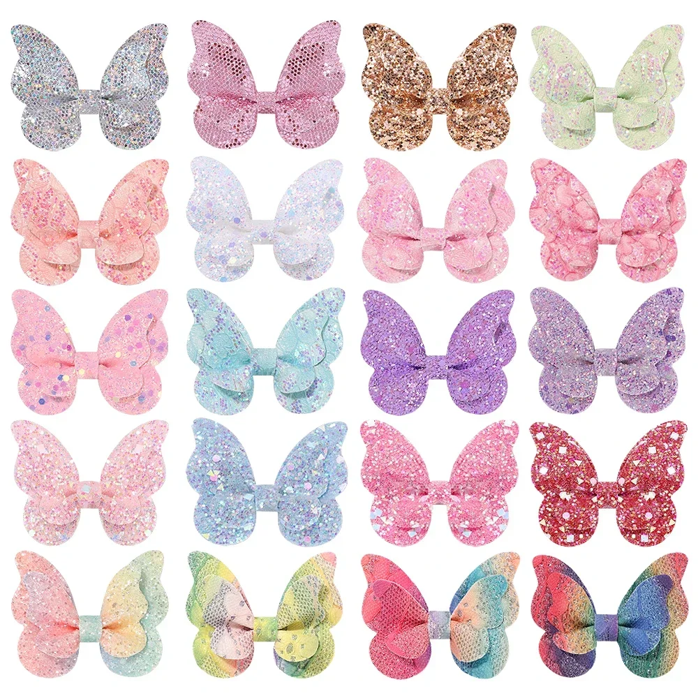 20Pcs 2.7\'\' Shiny Butterfly Bows Hair Clips for Girls Glitter Hairpins Hairgrip Headwear Kids Hair Accessories Wholesale
