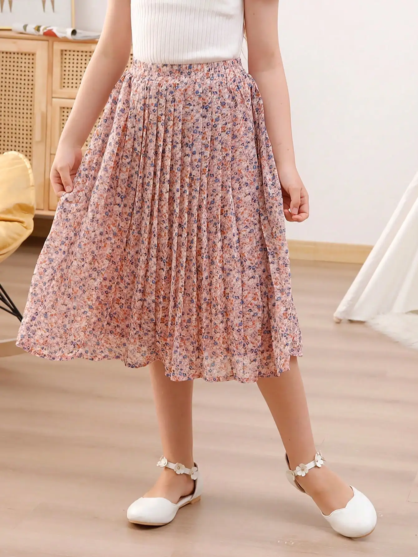 

Шифоновая плиссированная юбка-миди А-силуэта с цветочным принтом и эластичной талией для девочек