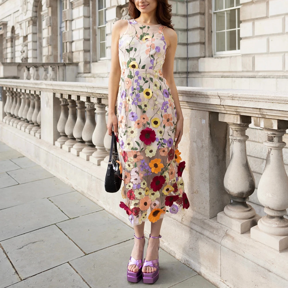 Robe de soirée florale en tulle, multi-3D, zone mi-longue, peu importe la coupe droite, initiée au froid, longueur de rinçage, peau, sur mesure, remise de diplôme