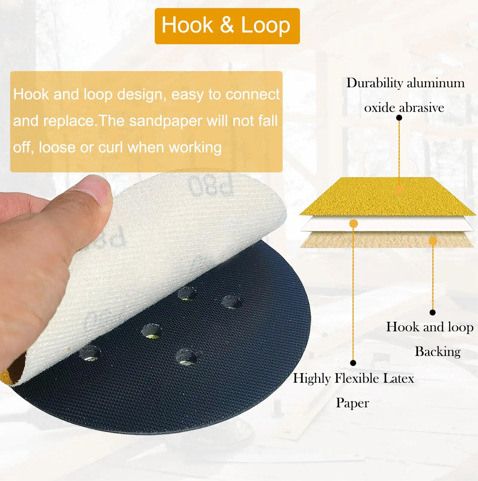 Kit di carta abrasiva in oro PSA DA 6 pollici 50 pezzi 80-400 Grit Hook & Loop per levigatrice DA levigatrice vernice automobilistica lavorazione del legno legno metallo