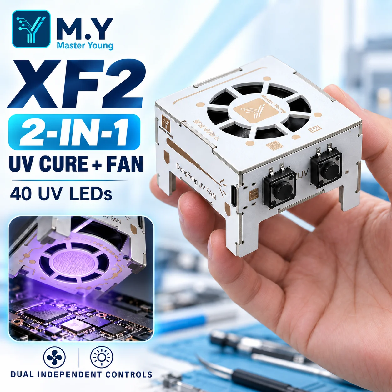 M.Y XF2 395nm UV Curing Light with 40 UV LED Chips Cooling Fan and Separate Controls for Phone Motherboard Chip PCB Repair Tools