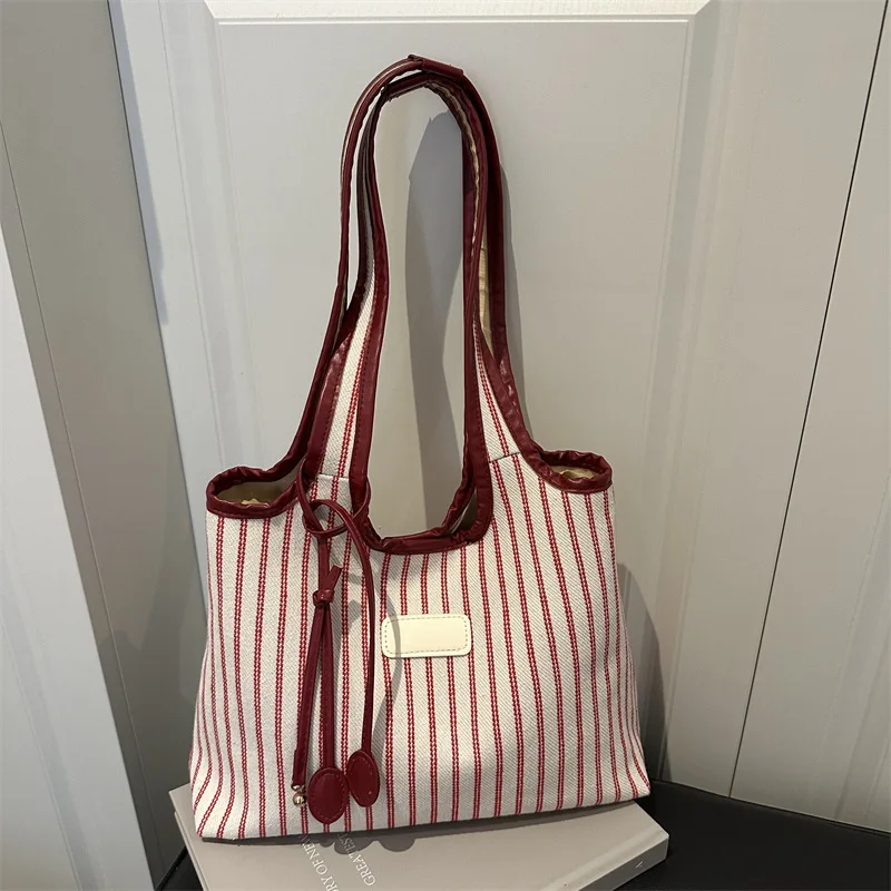 

Полосатая холщовая сумка-тоут для женщин, сумка на плечо, большая вместительная сумка в стиле ретро для женщин, легкая сумка-ведро Bolsos Mujer Sac