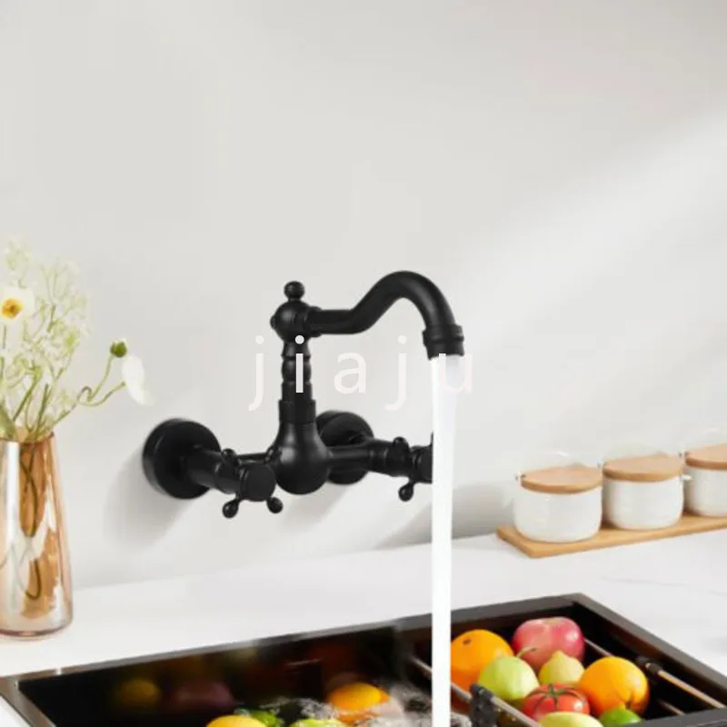 Kitchen Sink Faucet Center Wall Mount 2-Handle Restaurant Sink Mixer Tap Retro Black 360° Swivel Tap Commercial/Household