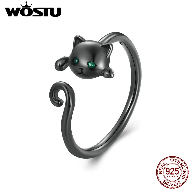 WOSTU 925 Sterling Black Cat With Green Eye Cute Pet Open Ring For Women Young Girl Gift Adjustable Ring wholesale Dropshipping