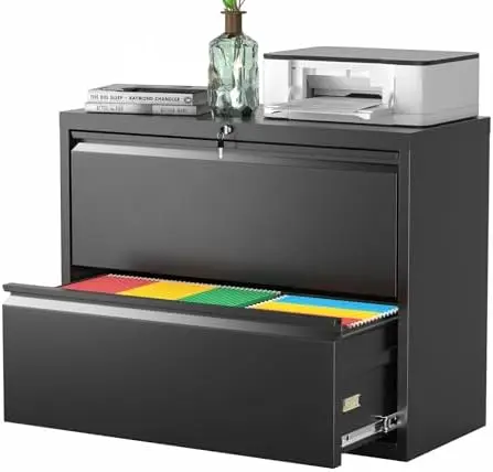 Lateral File Cabinet, 2 Drawer File Cabinet with Lock, Black Filing Cabinets for Home Office, Metal File Cabinet for