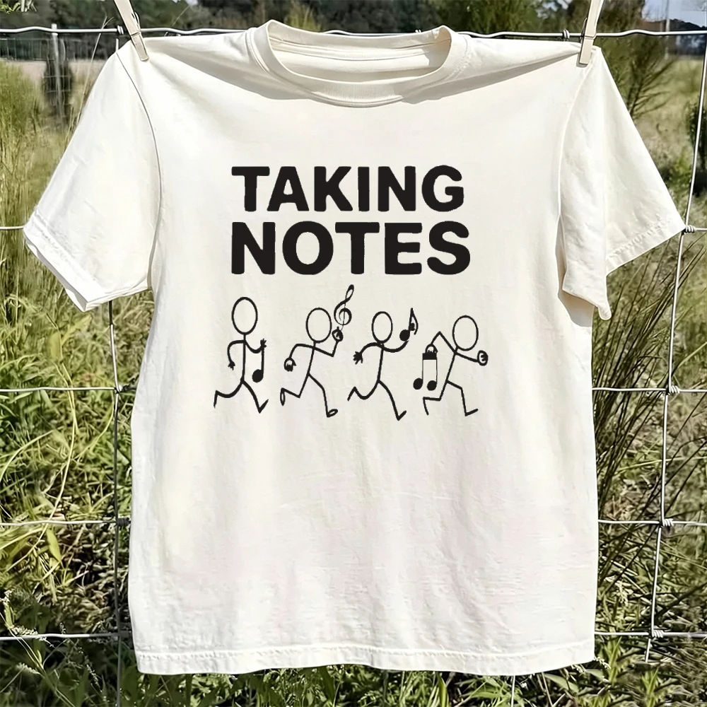 Taking Notes Stick Figure Women Casual Loose White T-Shirt Musical Note Art Print Summer Breathable Top Cute Cartoon T Shirt