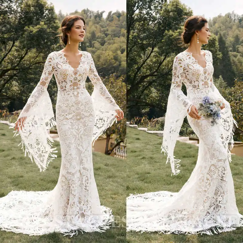 Elegant Mermaid Wedding Dress Deep V Neck Fringe Bell Sleeve Crochet Lace Chapel Train For Bohemian Bridal Ceremony Customized