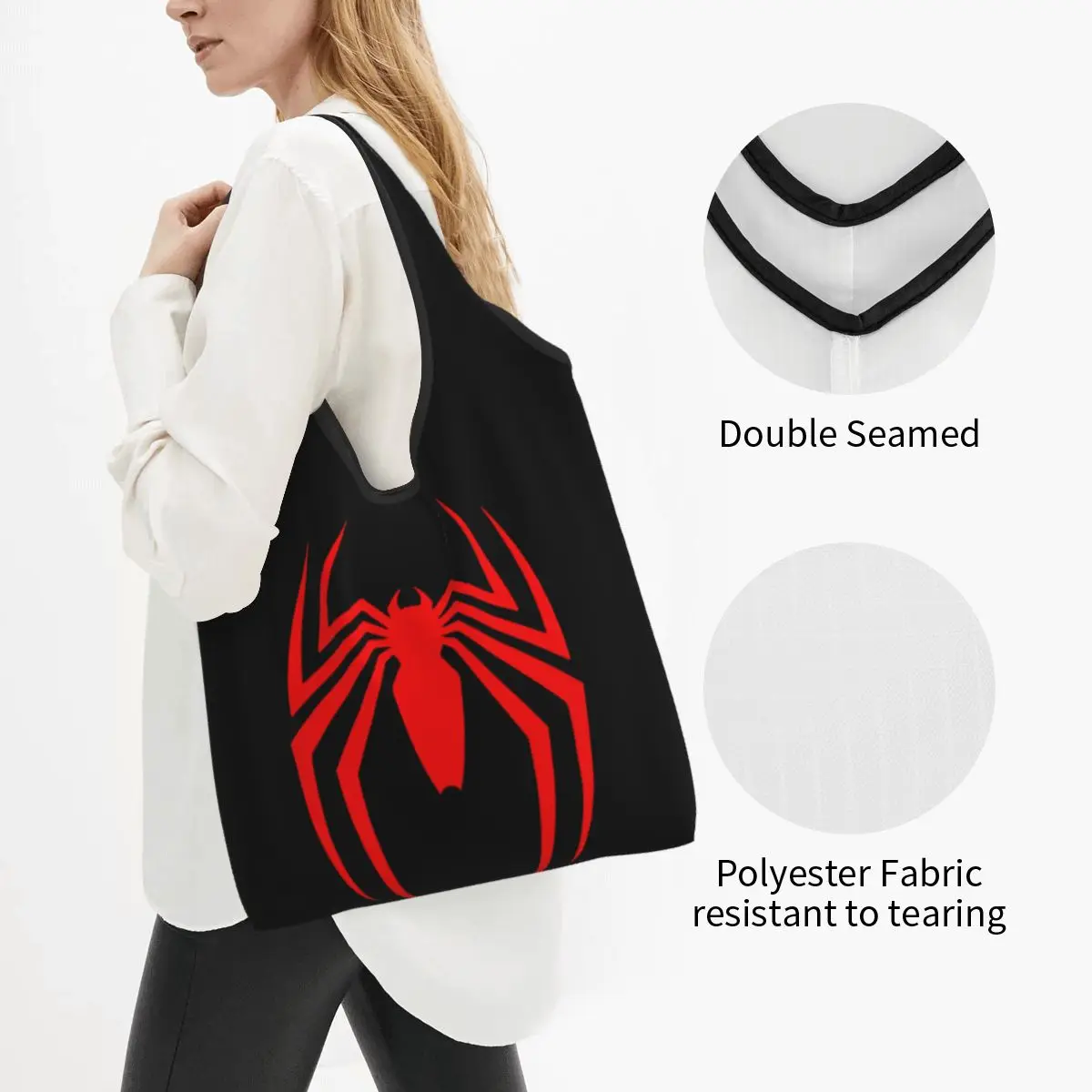 Spiderman Grocery Bags Durable Large Reusable Recycle Foldable Heavy Duty Shopping Tote Bag Washable Attached Pouch