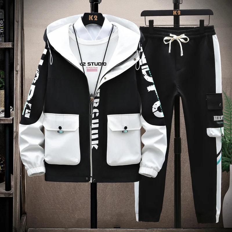 Spring Autumn Men Tracksuit Casual Joggers Hooded Sportswear Jackets  Pants 2 Piece Sets Hip Hop Running Sports Suit