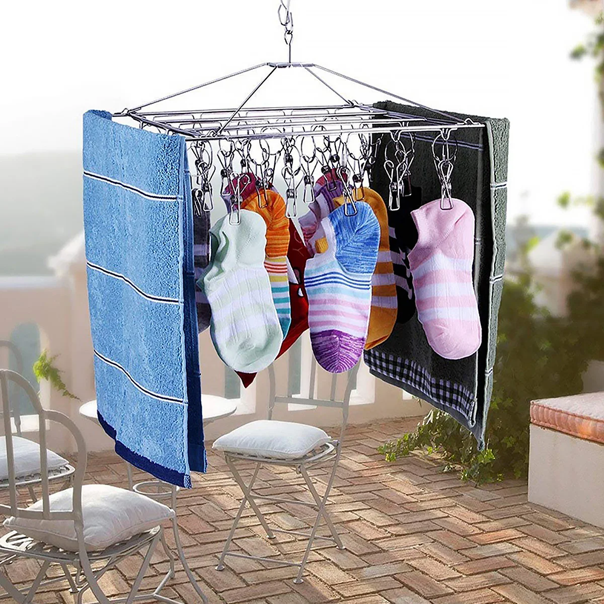 Sock Drying Rack with 36 Pegs Stainless Steel Sock Hanging Rack Swivel Wind-proof Laundry Drip Hanger Foldable Sock Hanger