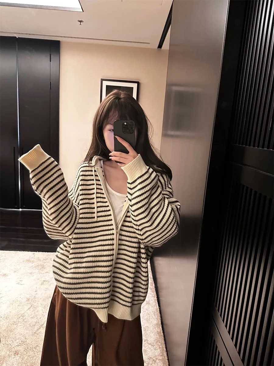 

Свободное длинное вязаное пальто Sve, повседневное утягивающее женское модное удобное ленивое полосатое пальто, зимняя верхняя одежда с подогревом