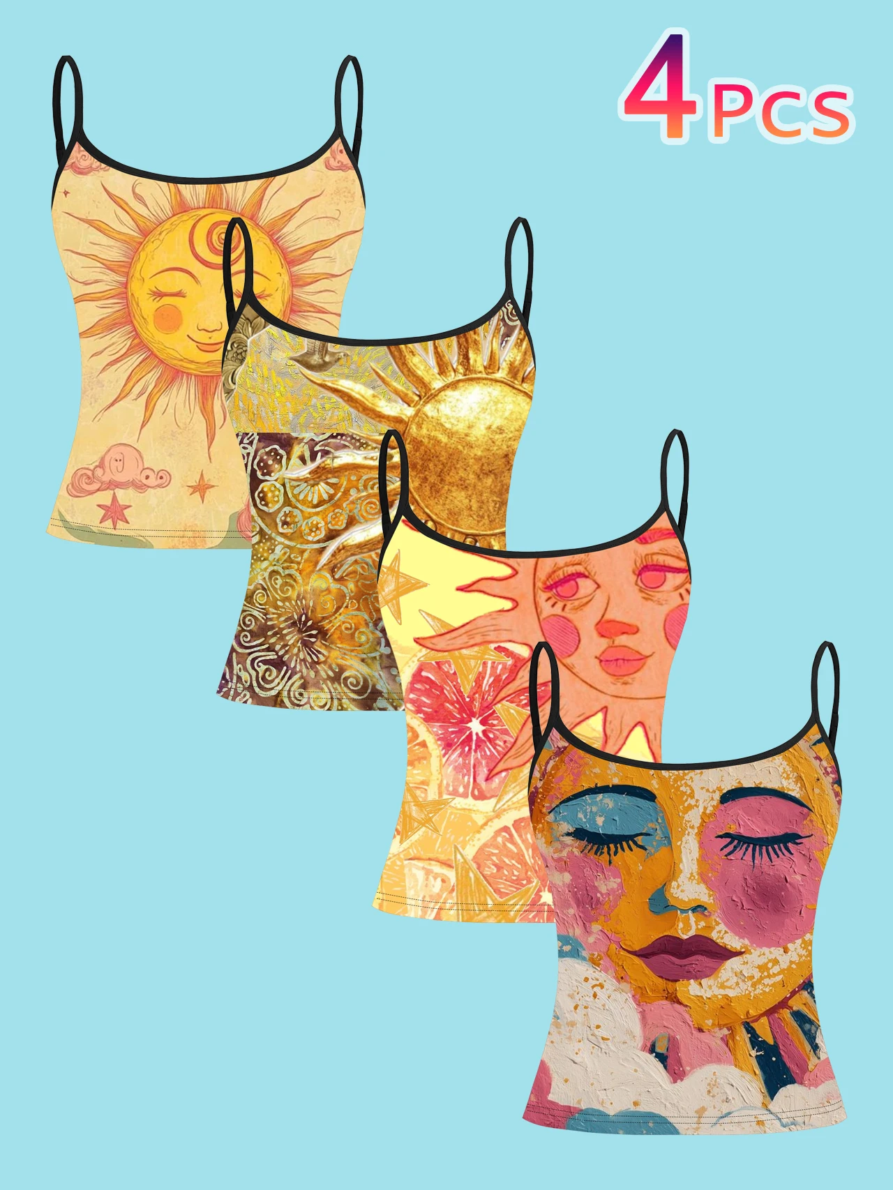 4-Piece Set of Women's Spaghetti Strap Camisoles, Vintage Hand-Painted Sun Face Art All-Over Print Slim-Fit Sleeveless Tops, Bohemian Style Outerwear and Innerwear Base Layer Shirts