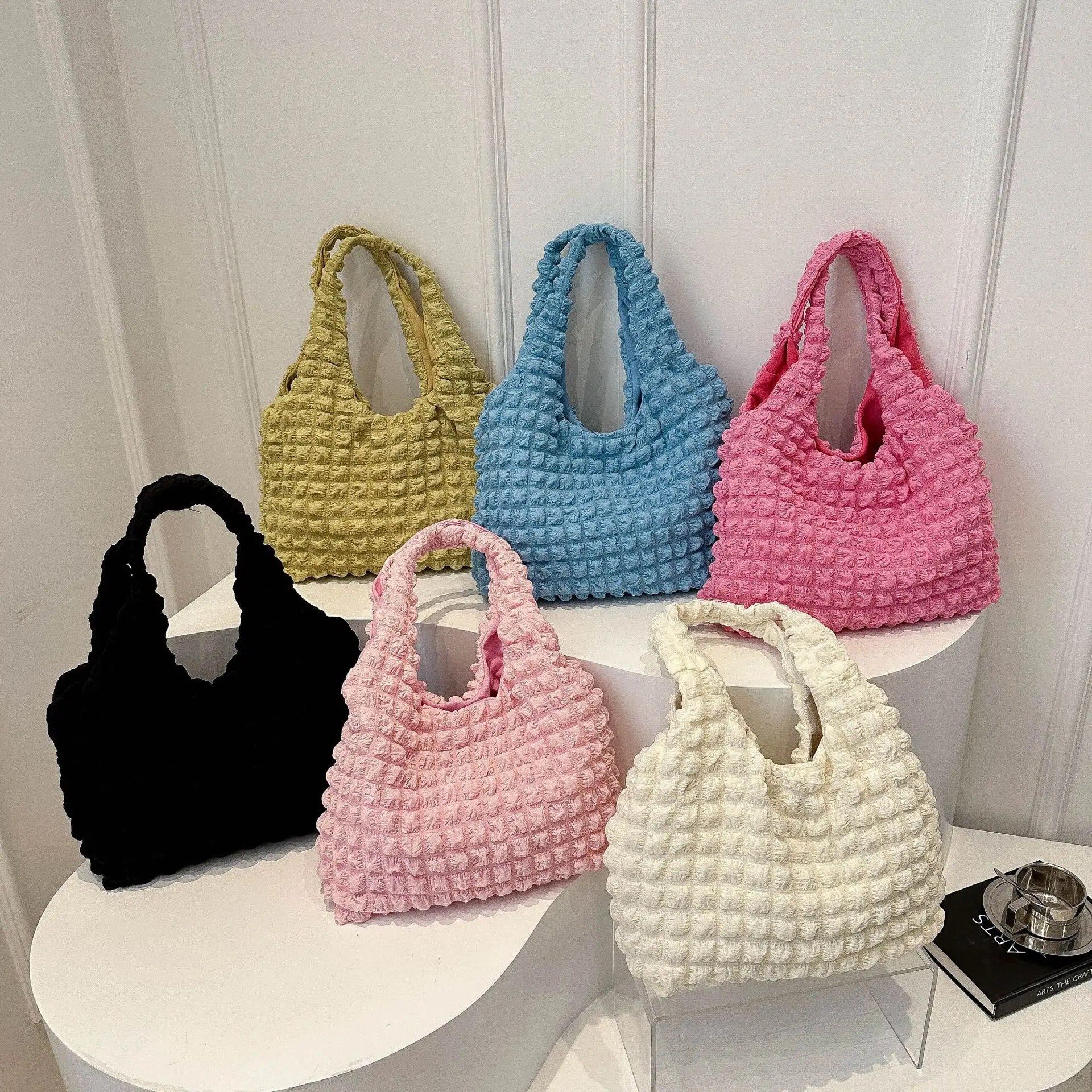 Korean INS Fashion Cloud Puff Flower Shoulder Bag Candy Color 2024 New Summer Canvas Minimalist Solid Color Handbags