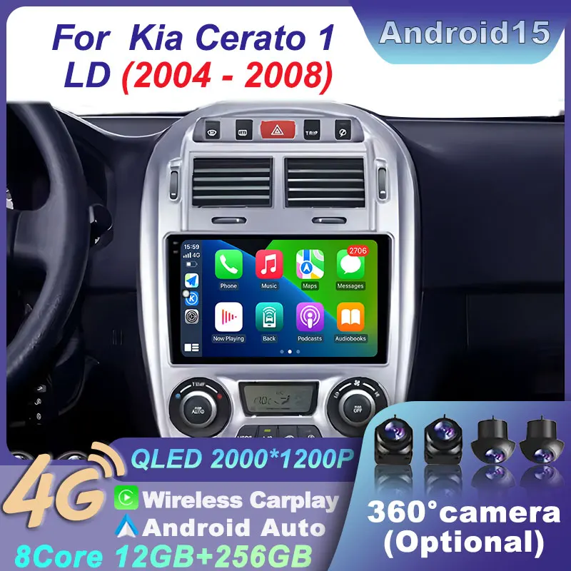 Navigation Auto CarPlay Video Multimedia 2K Android 15 4G GPS For Kia Cerato 1 LD 2004-2008 Car Radio Wireless BT QLED Screen BT