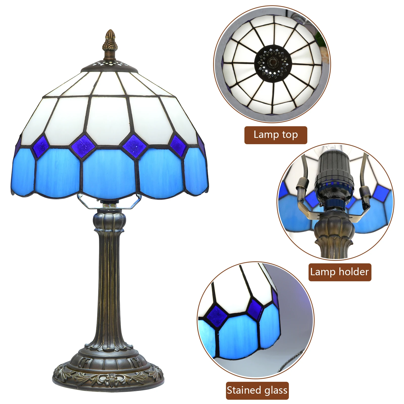 8 Inch Sea Blue Mediterranean Tiffany Style Stained Glass Small Table Lamp Lampshade Table Lamp Desktop Led Light