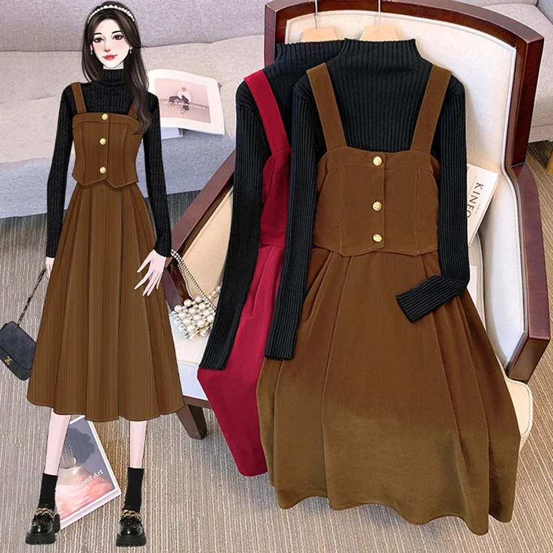 

Women Autumn Winter Two-piece Set Half Turtleneck Sweater Tops And Velvet Sling Dress Female Large Size Elegant Red Brown Suits