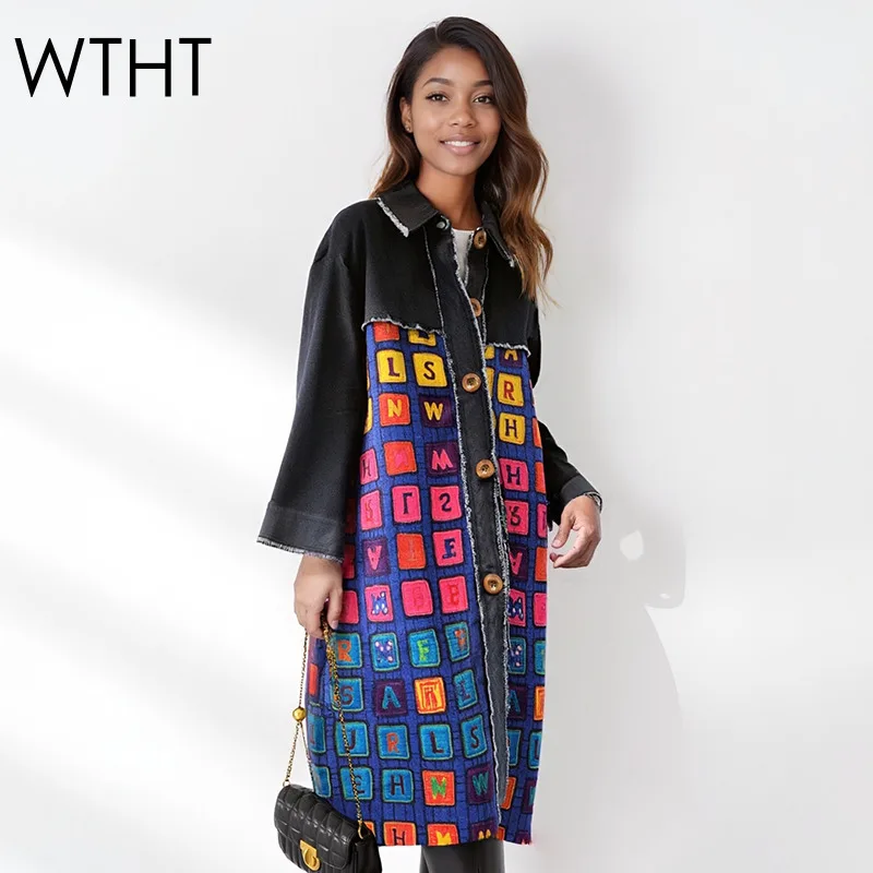 

WTHT модная клетчатая свободная джинсовая куртка с буквенным принтом для женщин, зима 2025 года, модное женское пальто с лацканами и длинными рукавами 1LS2686