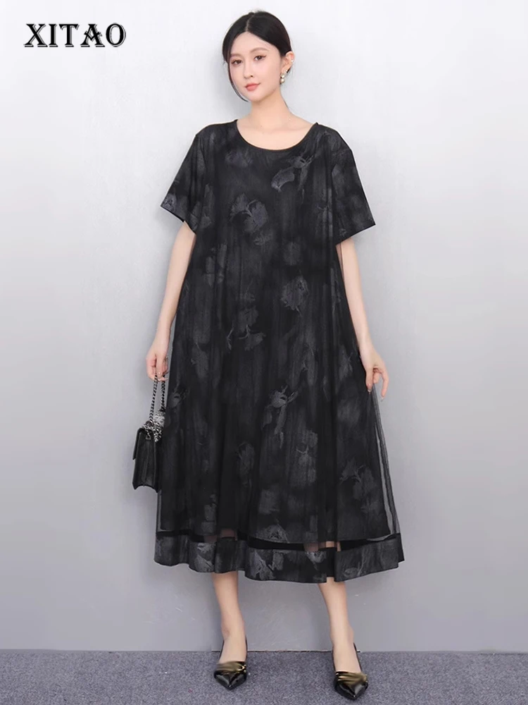 

XITAO Loose Mesh Patchwork Print Female Dress Fashion Elegant Trend A-line Women Short Sleeve O-neck Pullover Dress ZMY1250
