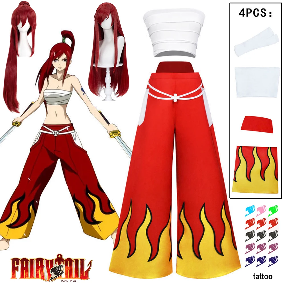 

Эрза Скарлет Косплей Костюм Парик Татуировка Аниме Fairy Tail Erza Наклейка Брюки Белые Топы Хэллоуин Карнавал Женщины Cos Наряды