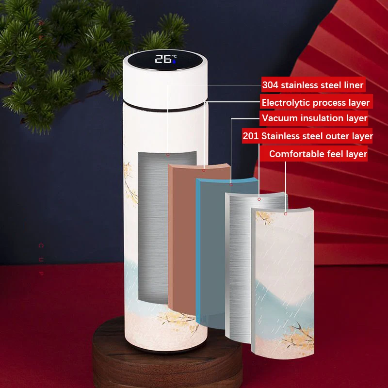 Temperature Display Thermos for Tea Coffee Smart Vacuum Thermal Chinese Style Bottle LED Stainless Steel Cup Cups Water