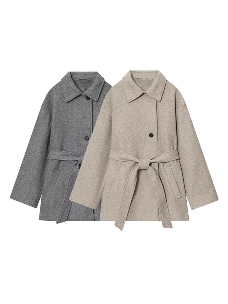 

Women's Soft Woolen Coat with Belt Double-Position Collar Long Sleeve Front Pockets Chic Female Outerwear Top