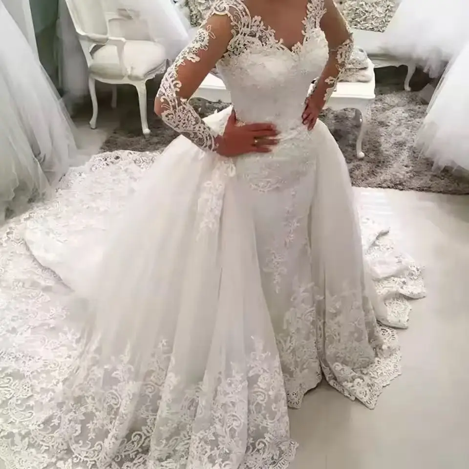 Customized Vestido De Noiva Lace Mermaid Wedding Dress with Detachable Skirt Backless Long Sleeve Bridal Wedding Gowns