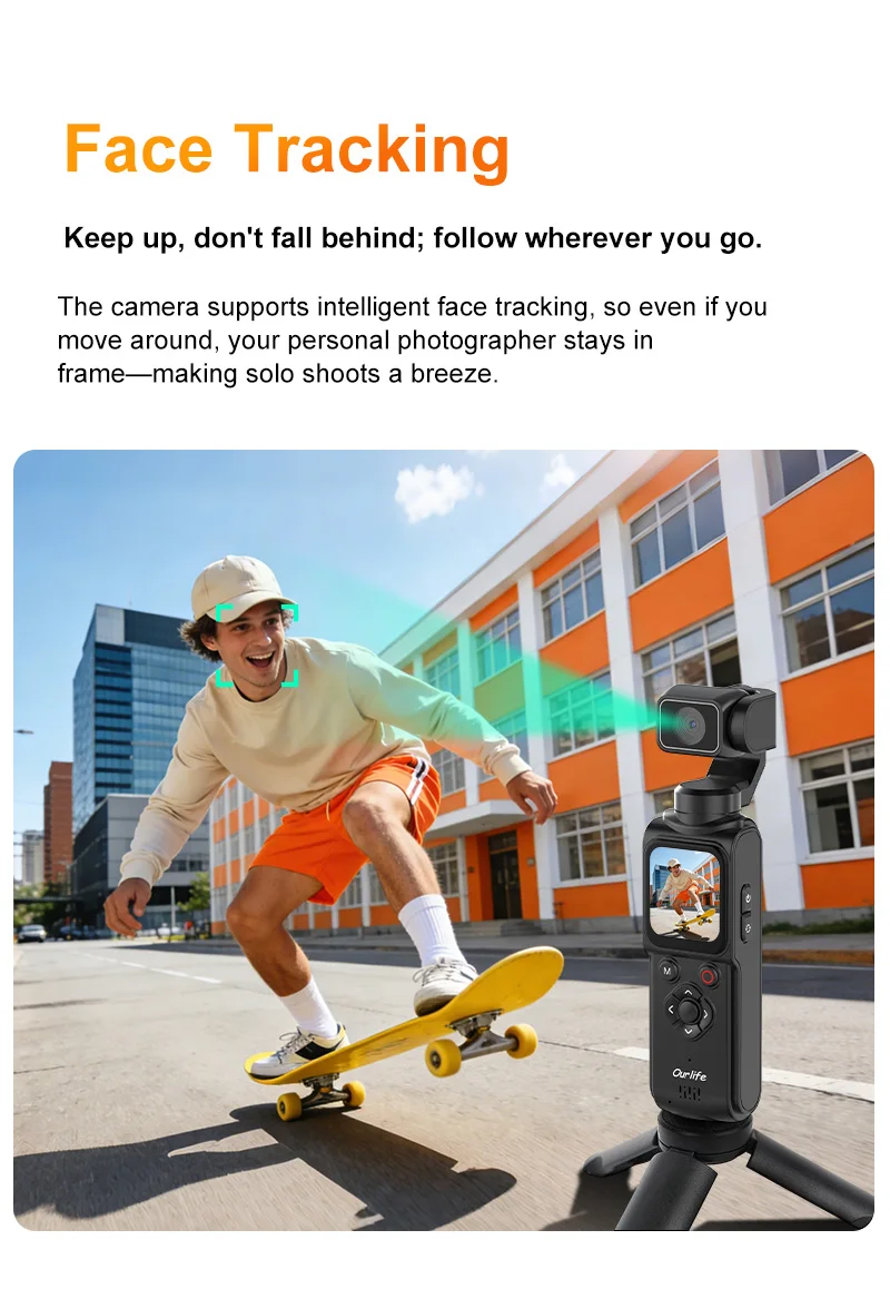 Ourlife 4K Pocket Action-Kamera 330 ° Auto-Rotierende Sportkamera mit Touchscreen, Gesichtsverfolgung und tragbarem Vlog-Videorekorder – Detail 6