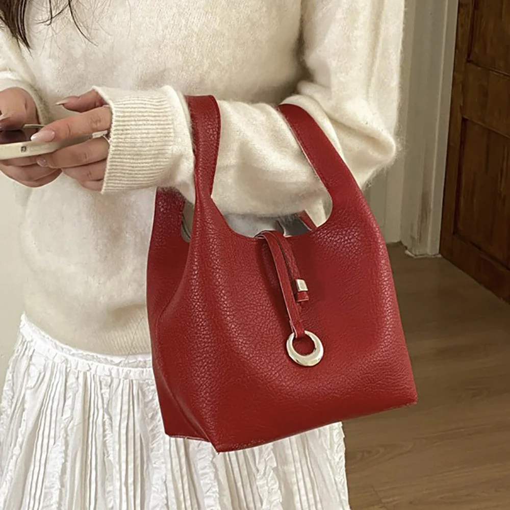 Korean Style Solid Color Bucket Handbags Women's Soft Buckle Versatile Composite Bag Casual All-Match One Shoulder Bags