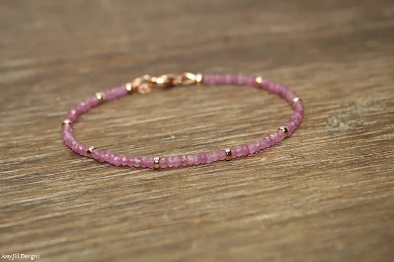 

Pink Sapphire Bracelet, Rose Gold Beads, Pink Sapphire Jewelry, Gemstone Bracelet, Layering, Stacking, September Birthstone
