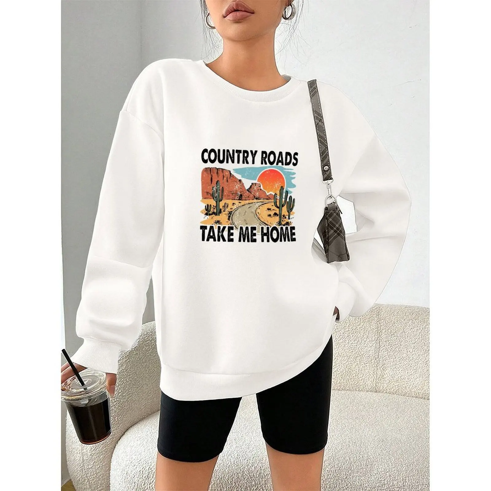 

Women's Sweater O-Neck Sweatshirts Long-sleeved Velvet Winter Casual Fashionable Cowgirl Style Cow Skull Print Sweatshirt