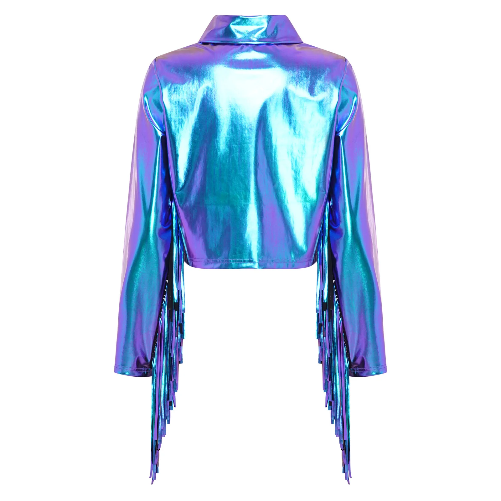 Womens Tassels Hip Hop Jazz Dance Performance Costume Metallic Glossy Tops Turn-Down Long Sleeve Zipper Fringe Shiny Jacket