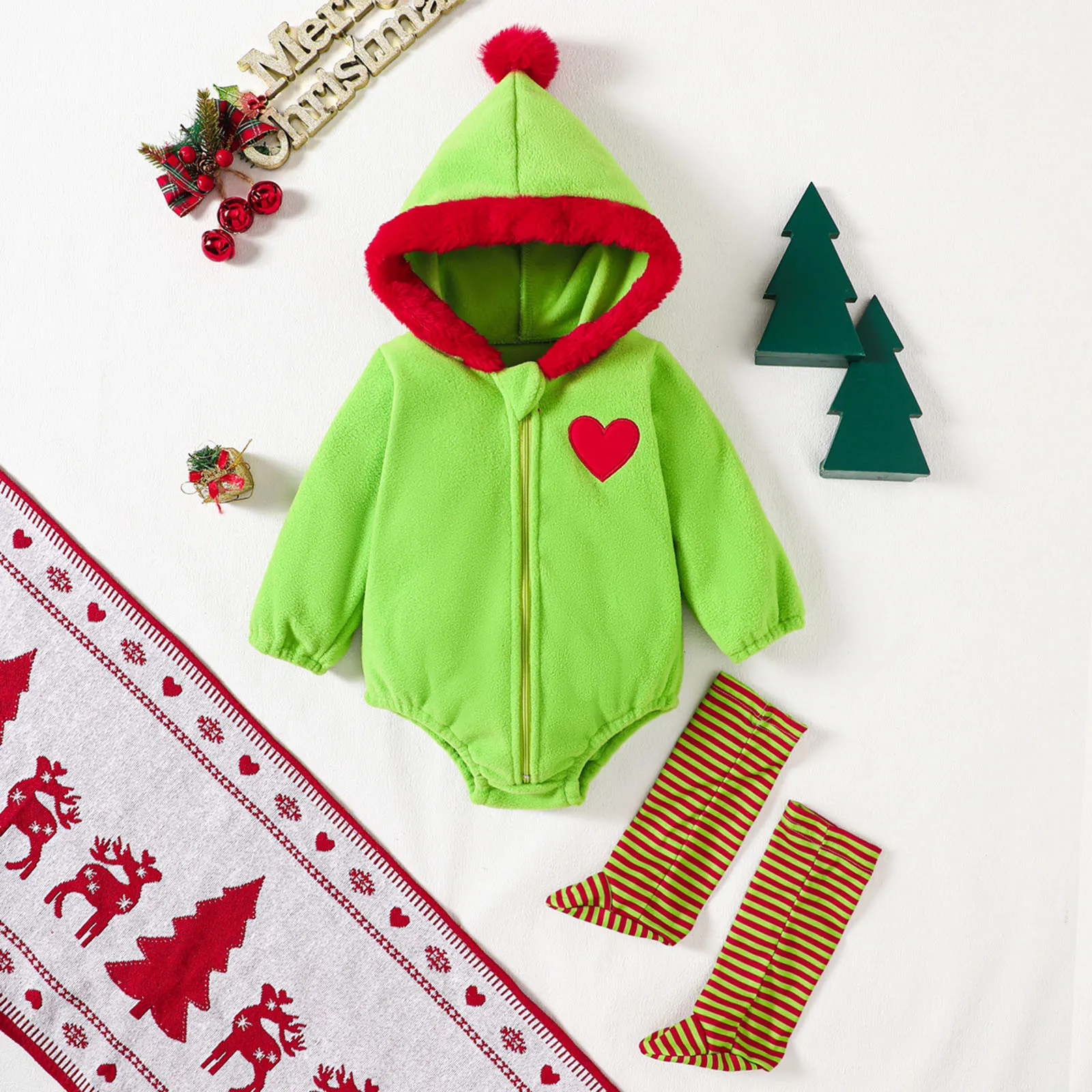 

0-18Months Baby Christmas Bodysuit Infants Hairball Fleece Zipper Green Heart Romper With Socks My First New Year Baby Costume