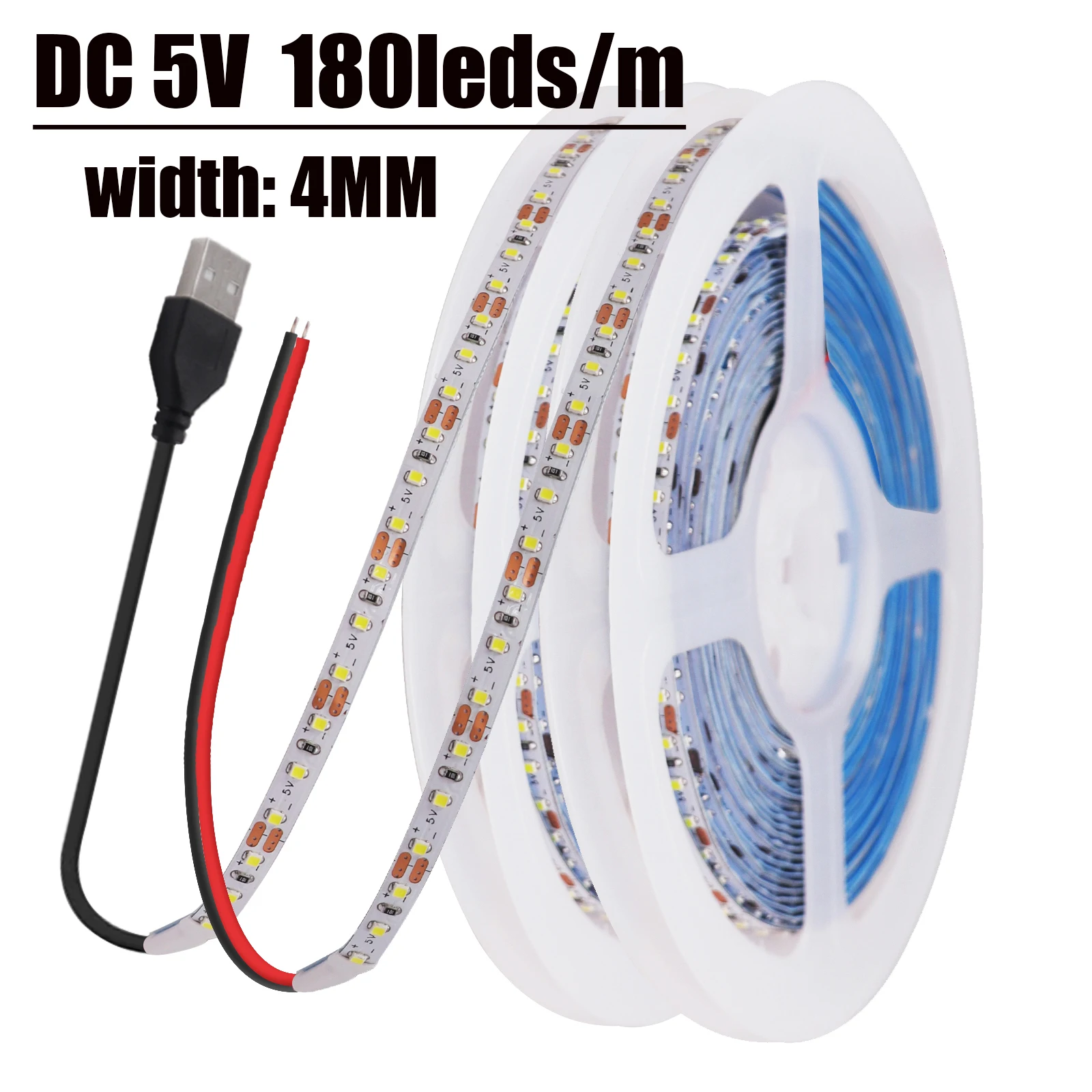 Flexível LED Strip Lights para Decoração de Casa, Fita Fita, Luzes Corda, USB, SMD 1616, 180LEDs, M, Branco, Branco Quente, Largura 4mm, 1m, 2m, 3m, 5m