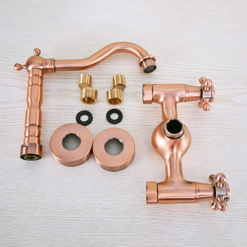Antique Red Copper Brass Bathroom Kitchen Sink Basin Faucet Mixer Tap Swivel Spout Wall Mounted Dual Handles mnf945