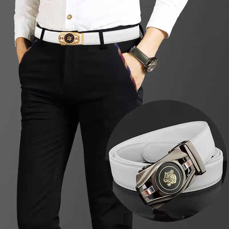 2024 Golf Belt Tiger Head Belt Men's Leather Automatic Buckle Formal Belt Korean Version of the Trendy Young Man's Suit Pants