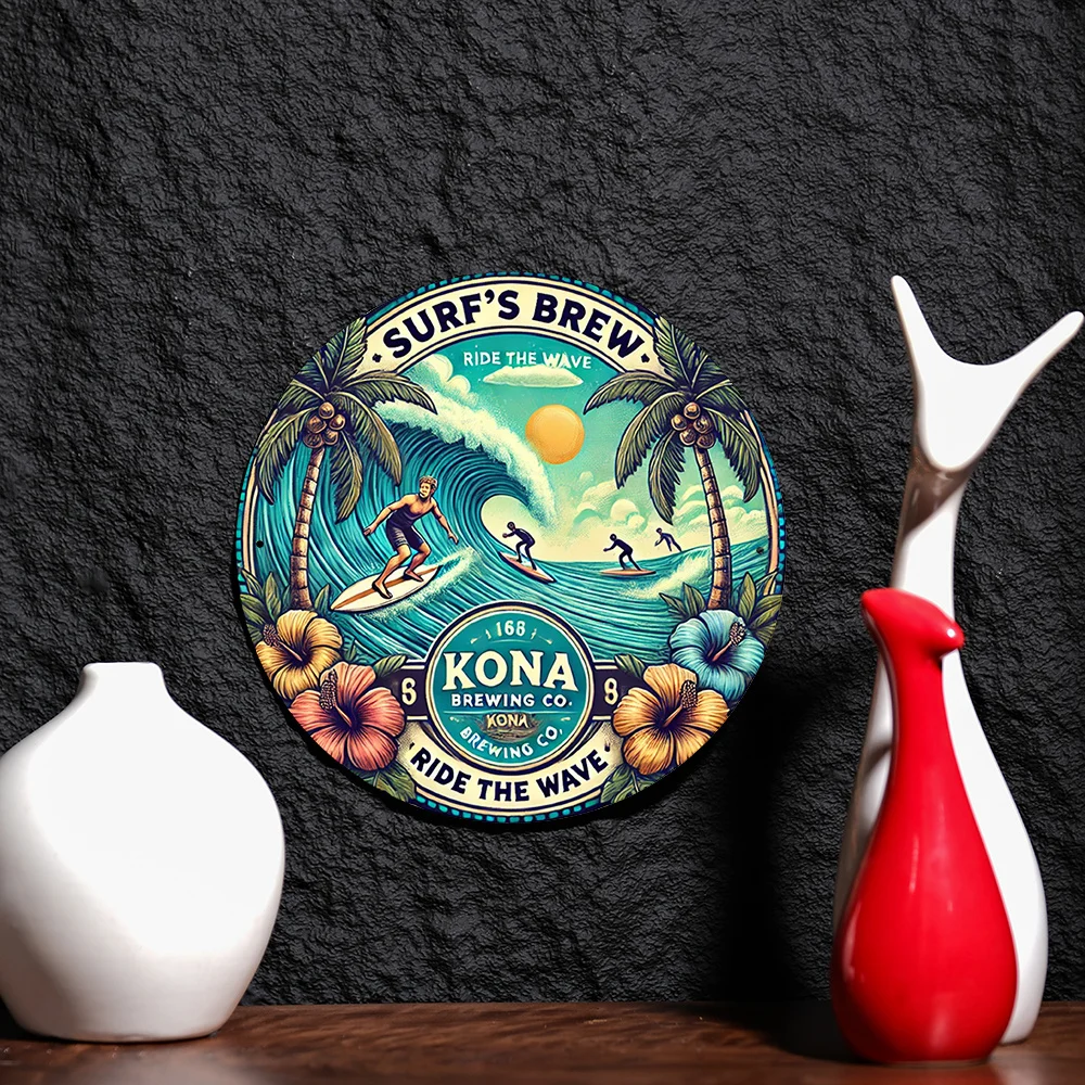 2D Flat - 1pc Surf'S Brew Kona Brewing Co. Vintage Metal Sign - 2D Flat Print, Durable Iron Wall Art for Patio, Garden, Garage,