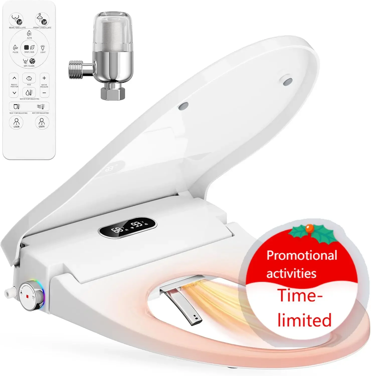 Rainsworth Smart Bidet Seat with Remote Control for Elongated Toilets | Dual User Memory, External Filter, Instant Heated Seat,