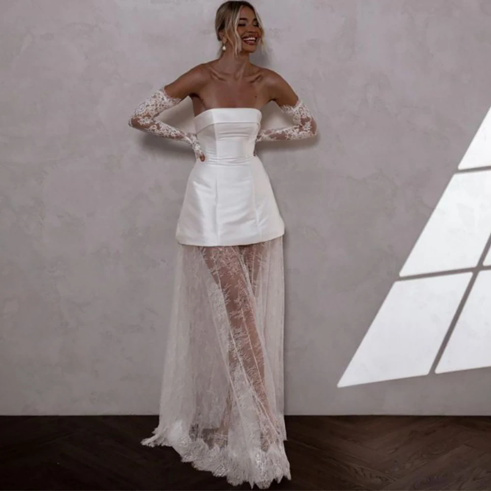 

White Lace Women Wedding Dress Custom Made Elegant Minimalist Strapless Evening Gown Formal Sleeveless Chic Bridal Dress
