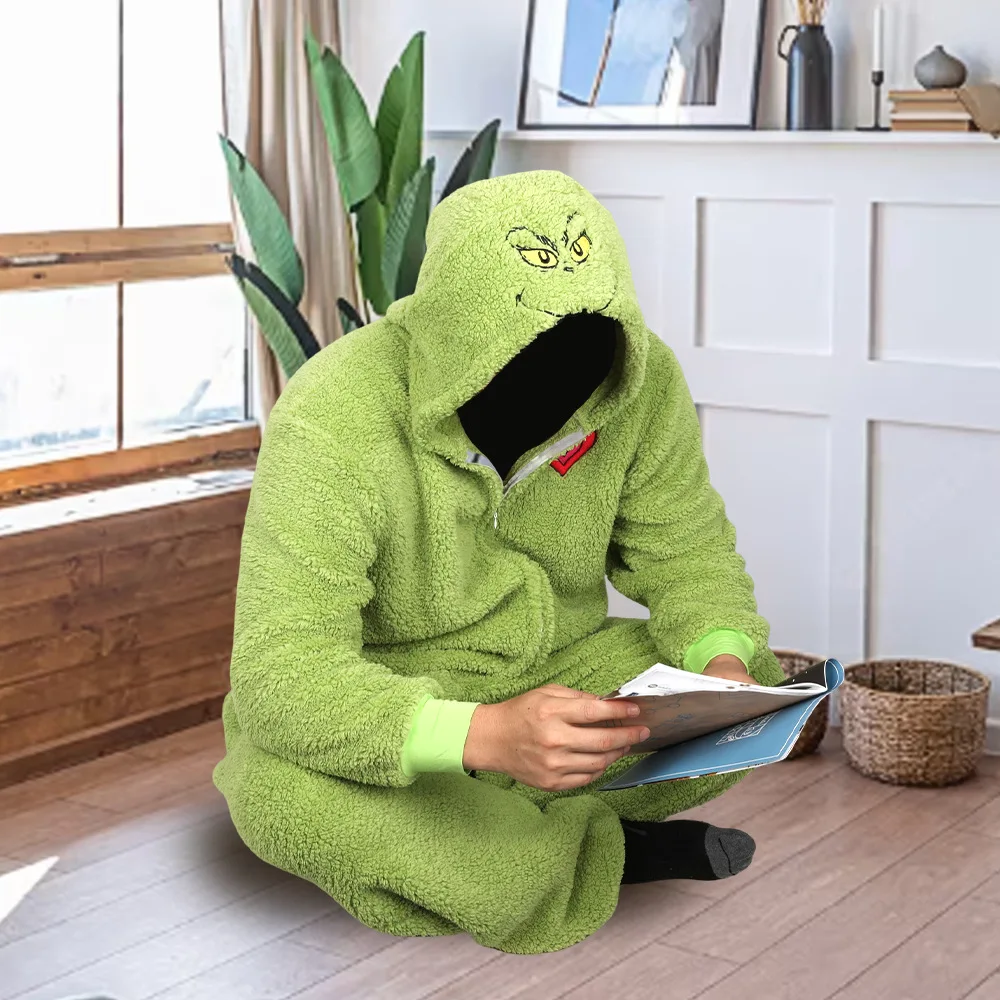 

Christmas Green Fur Monster Santa Claus Monster Cosplay Costume Pajamas Couple Hooded Plush Home Clothes Party unisex Santa