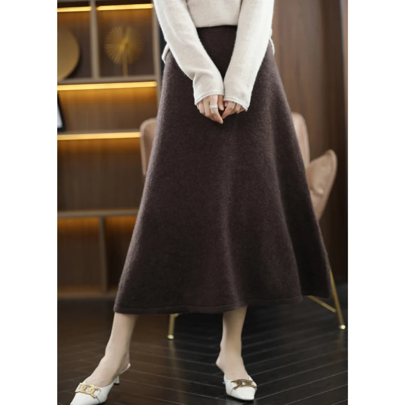 New 100% Pure Wool Knitted Skirt Women\'s Middle And Long High Waist Joker Hip A Step Skirt