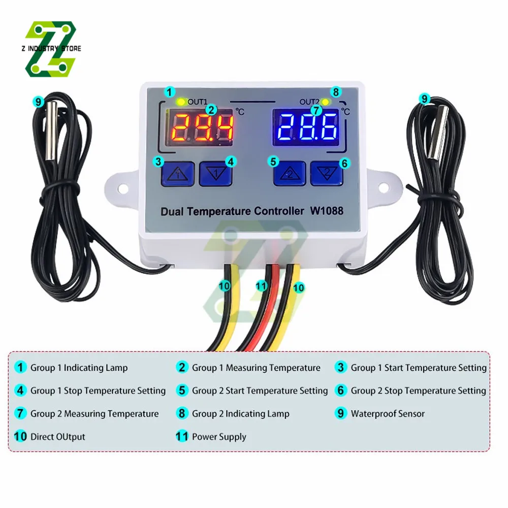 W1088 Dual LED Digital Temperature Sensor Meter Controller Thermostat 12V 24V 220V Aquarium Incubator Thermoregulator