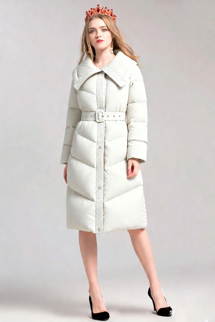 Manteau bouffant Long à ceinture pour femme, veste matelassée en duvet de canard blanc crème, Parka d'hiver chaude avec col, vêtements d'extérieur détaillés