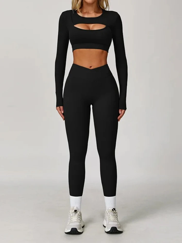 Women 2 Piece Yoga Set Long Sleeve Workout Tracksuit Gym Sportswear Athletic Wear Fitness Bra Top Legging Sports Clothes