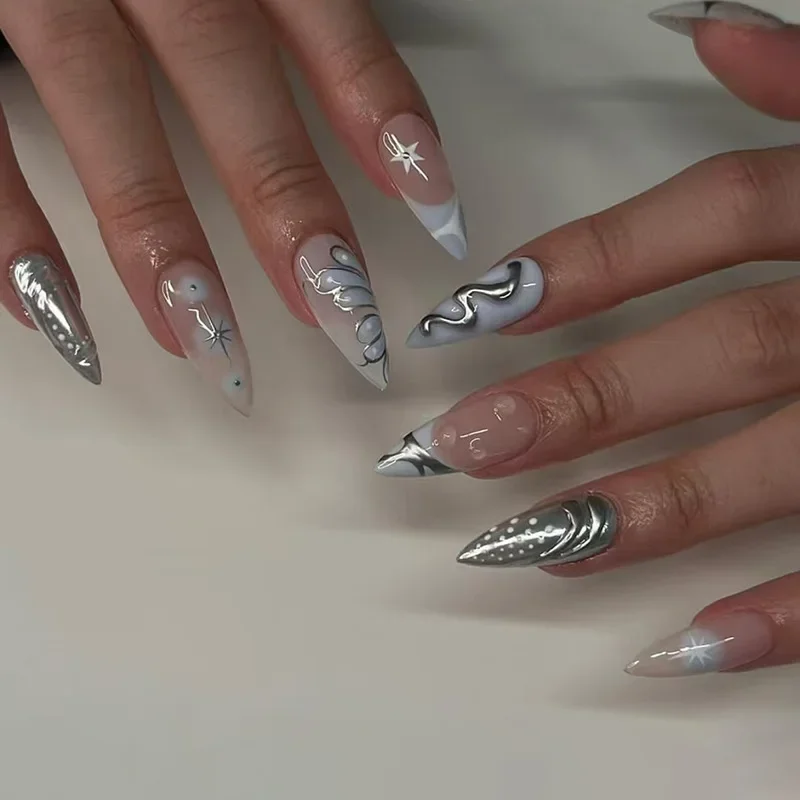 

24PCS Medium To Long French Almond Nail Removable Nail Plate Silver Glitter Butterfly Line Nail Patch Press on Nails