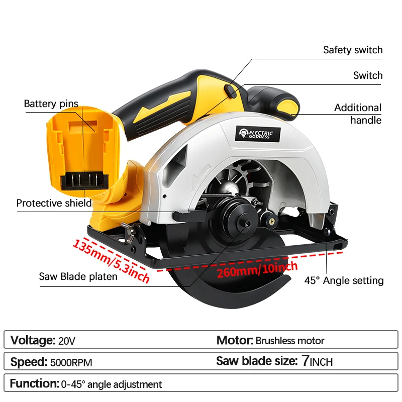 Electric Goddess Brushless Circular Saw 7inch Cordless Electric Saw Stone Woodworking Cutting Power Tools For Dewalt 20V Battery