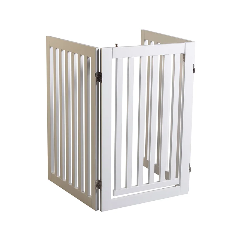 3 Panel Dog Gate Wooden Foldable Freestanding Indoor Pet Gate with Walk Through Door 2Pcs Support Feet