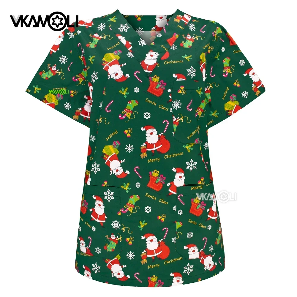 Cute Cartoon Animals Print Christmas Nursing Scrub Tops Shirts 100%cotton Dentistry Doctor Overalls Medical Surgical Uniforms