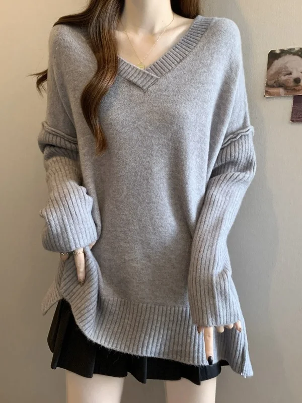 

plus Size Loose V-Neck Knitwear Women's Casual Style Inner Wear Base Shirt Sweater mid Waist Design Long Sleeve Short Dress