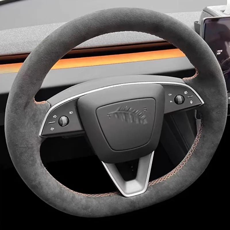 100% Fit For Newest Tesla Model 3+ Highland 2024 Auto Parts Hand-stitched black suede wear resistant car steering wheel cover