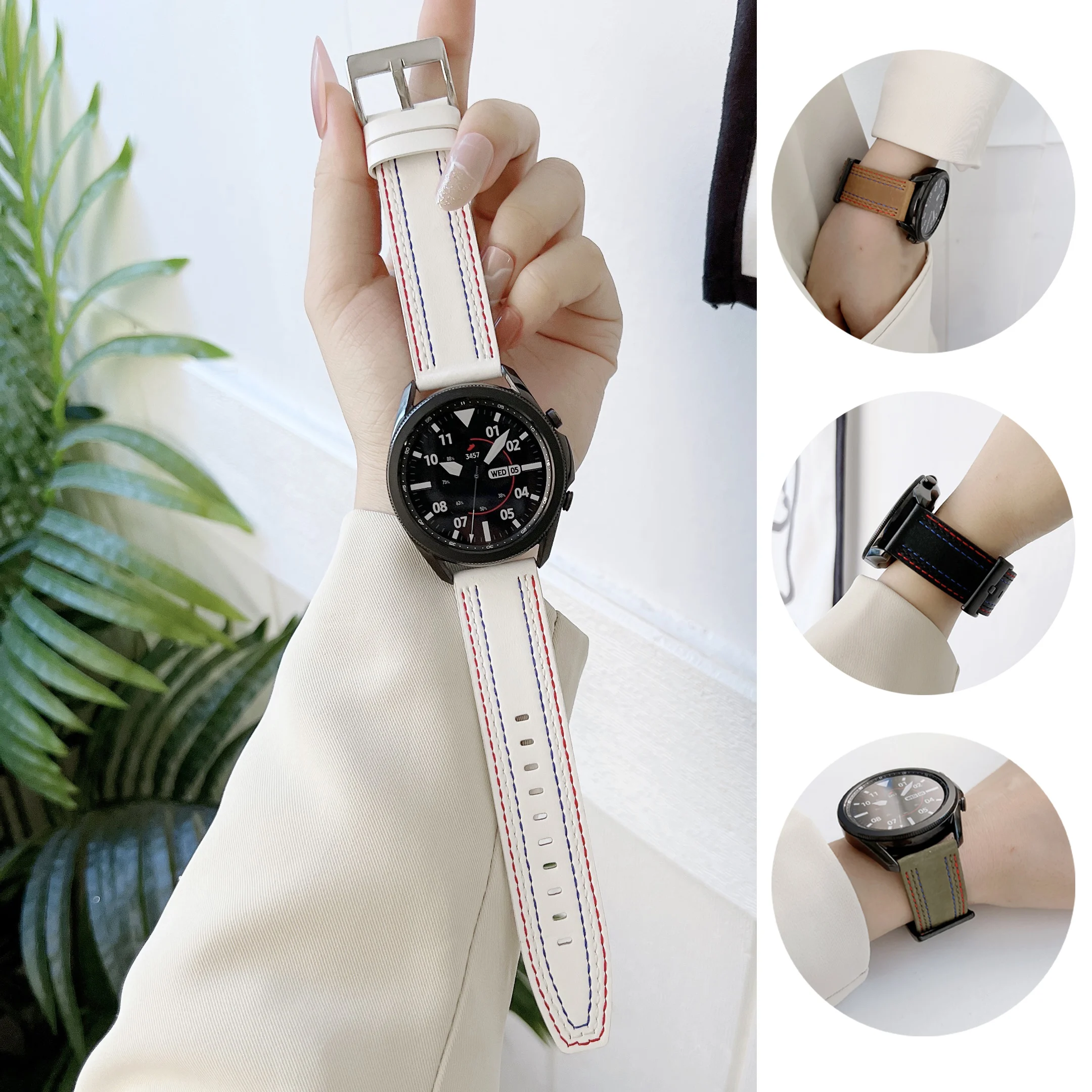 22mm 20mm Leather Watch Band for Galaxy Watch 4/4 Classic 40mm 44mm Strap Samsung Gear S3 S2 White Correa Bracelet for Active 2